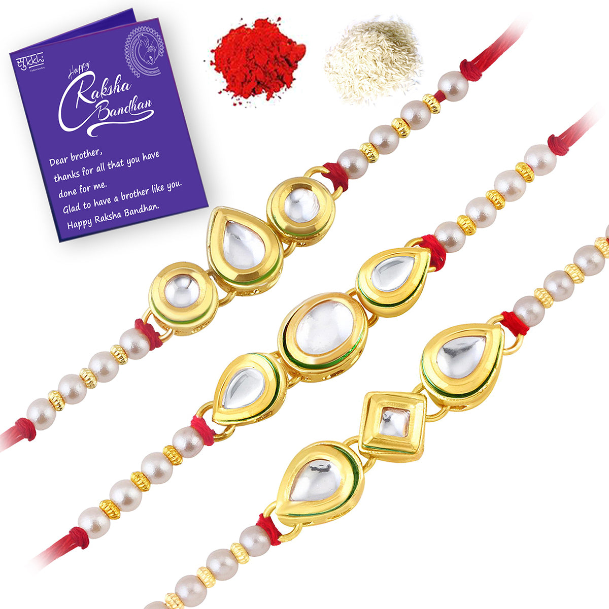 Sukkhi Incredible Kundan Gold Plated Rakhi Combo (Set of 3) with Roli Chawal and Raksha Bandhan Greeting Card For Men