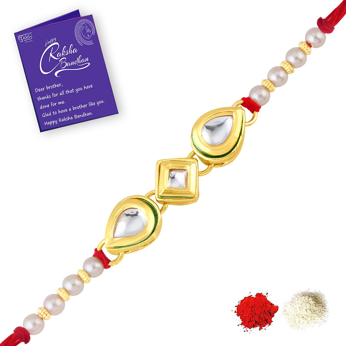 Sukkhi Incredible Kundan Gold Plated Rakhi Combo (Set of 3) with Roli Chawal and Raksha Bandhan Greeting Card For Men