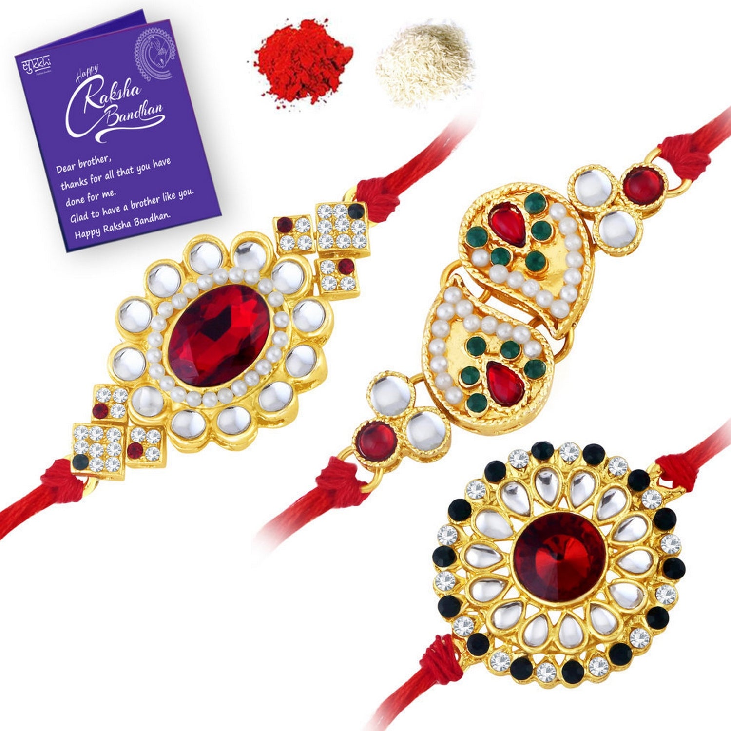 Sukkhi Resplendent Gold Plated Rakhi Combo with Roli chawal and Greeting Card
