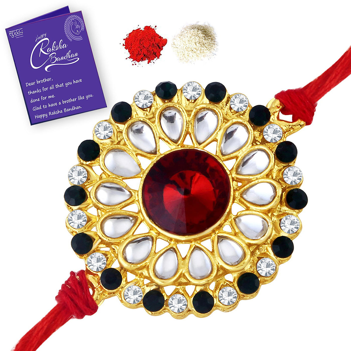 Sukkhi Resplendent Gold Plated Kundan Rakhi Combo (Set of 3) with Roli Chawal and Raksha Bandhan Greeting Card For Men