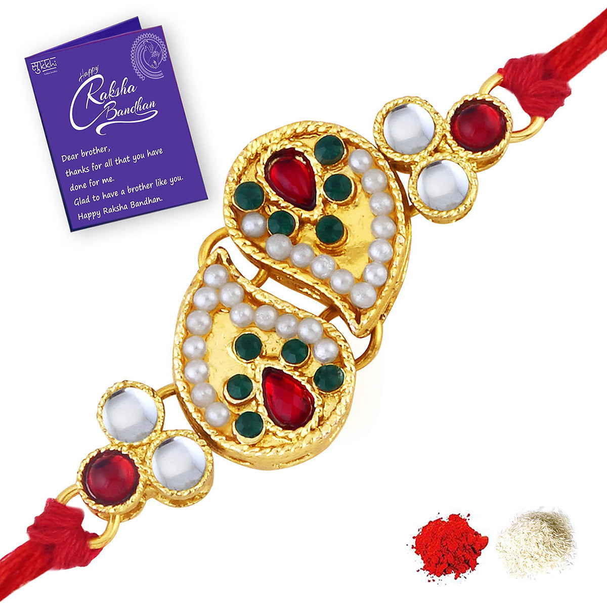 Sukkhi Resplendent Gold Plated Kundan Rakhi Combo (Set of 3) with Roli Chawal and Raksha Bandhan Greeting Card For Men