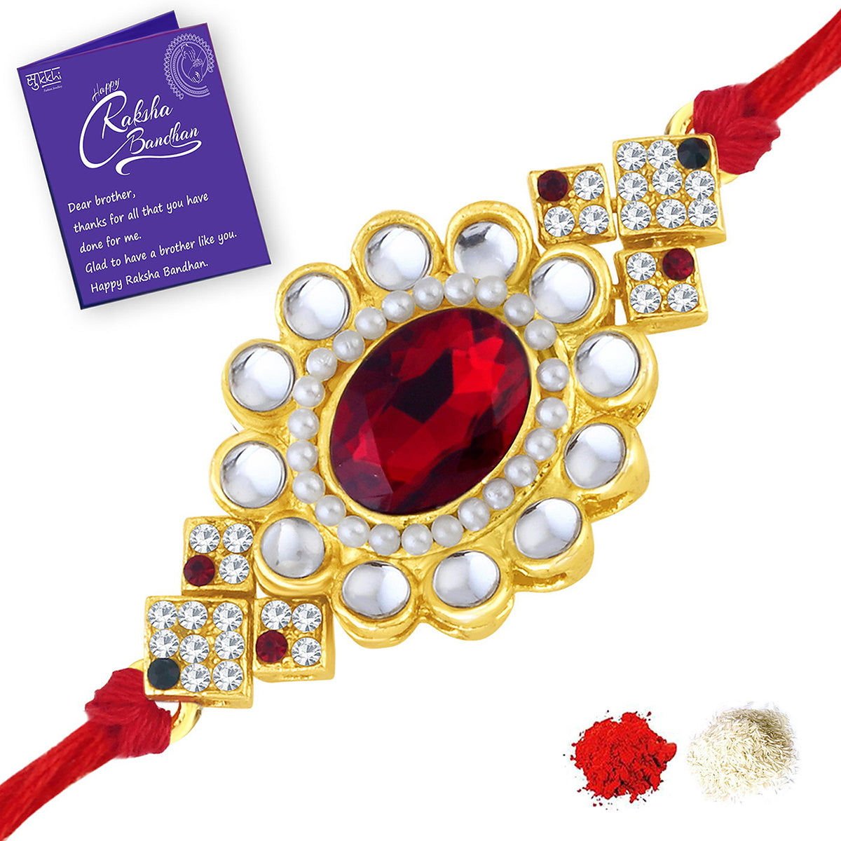 Sukkhi Resplendent Gold Plated Kundan Rakhi Combo (Set of 3) with Roli Chawal and Raksha Bandhan Greeting Card For Men