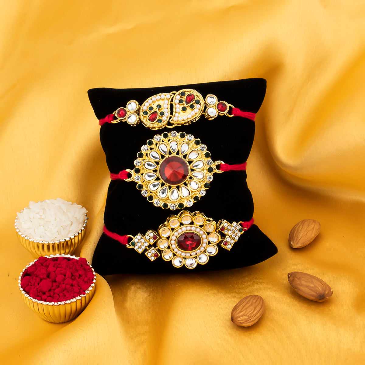 Sukkhi Resplendent Gold Plated Kundan Rakhi Combo (Set of 3) with Roli Chawal and Raksha Bandhan Greeting Card For Men