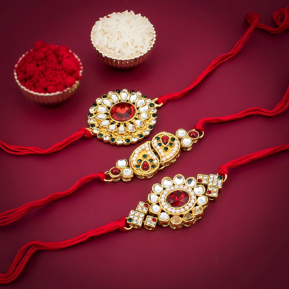 Sukkhi Resplendent Gold Plated Kundan Rakhi Combo (Set of 3) with Roli Chawal and Raksha Bandhan Greeting Card For Men