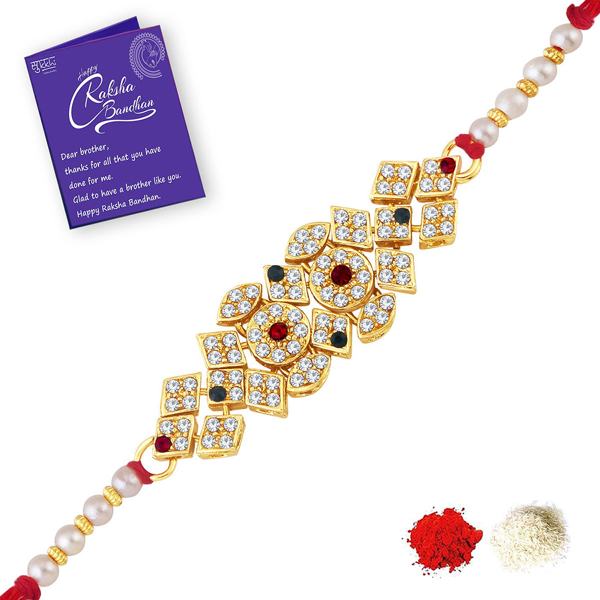 Sukkhi Exquisite Rakhi Combo (Set of 2) with Roli Chawal and Raksha Bandhan Greeting Card For Men