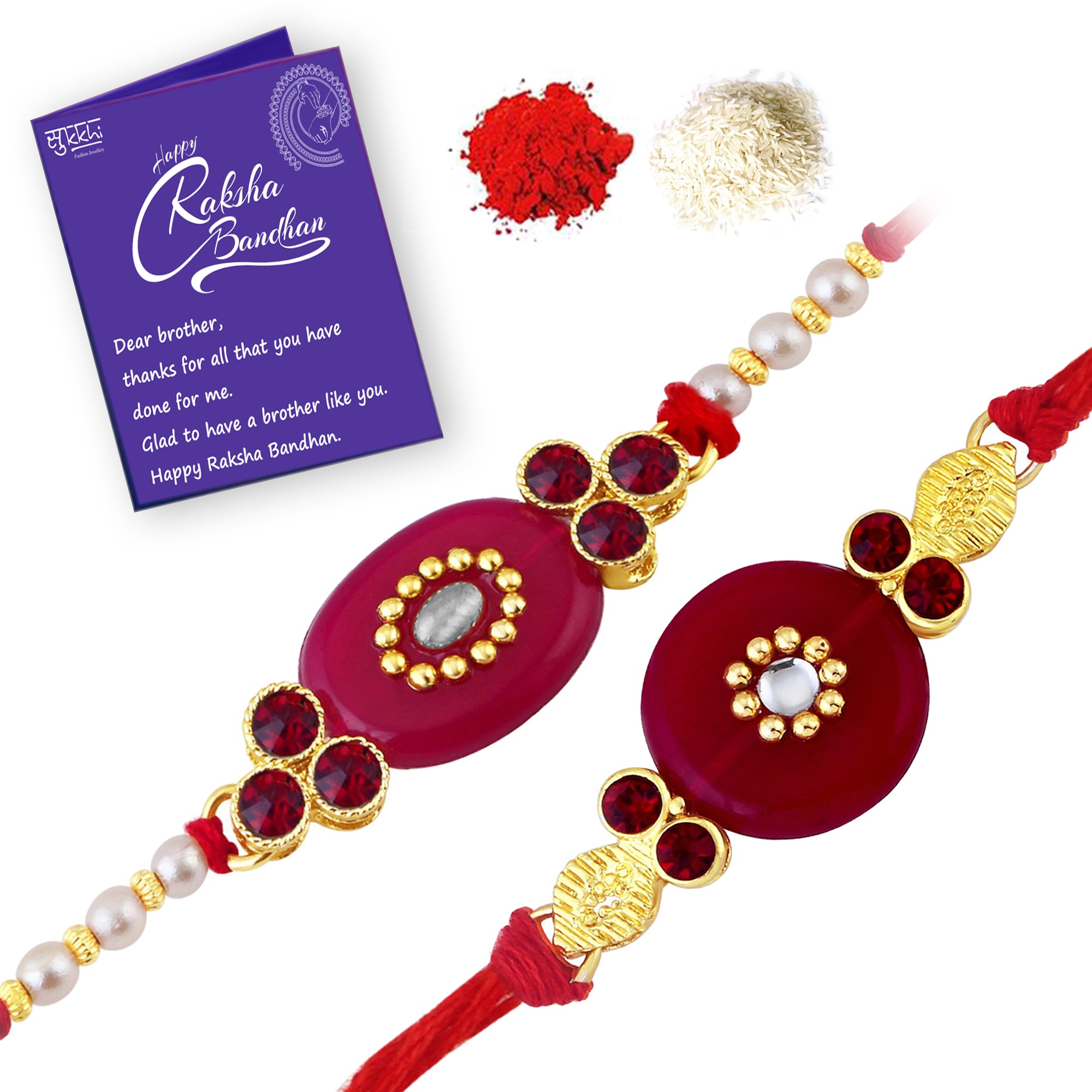 Sukkhi Attractive Rakhi Combo (Set of 2) with Roli Chawal and Raksha Bandhan Greeting Card For Men