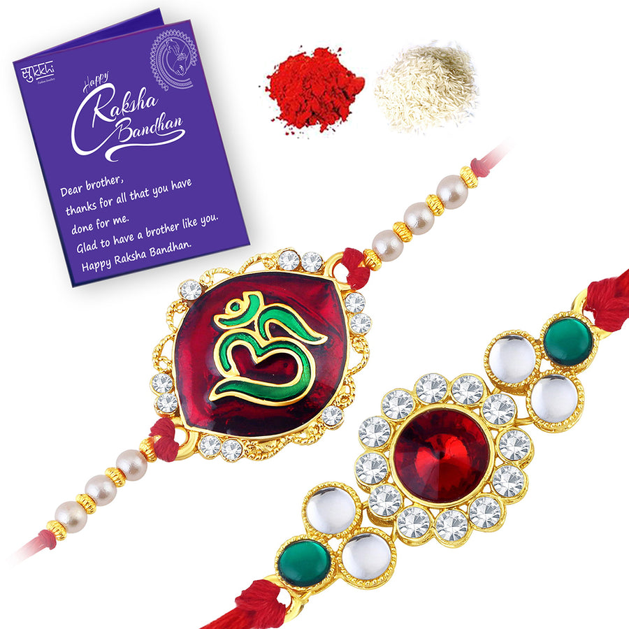 Sukkhi Stylish Rakhi Kundan Combo (Set of 2) with Roli Chawal and Raksha Bandhan Greeting Card For Men