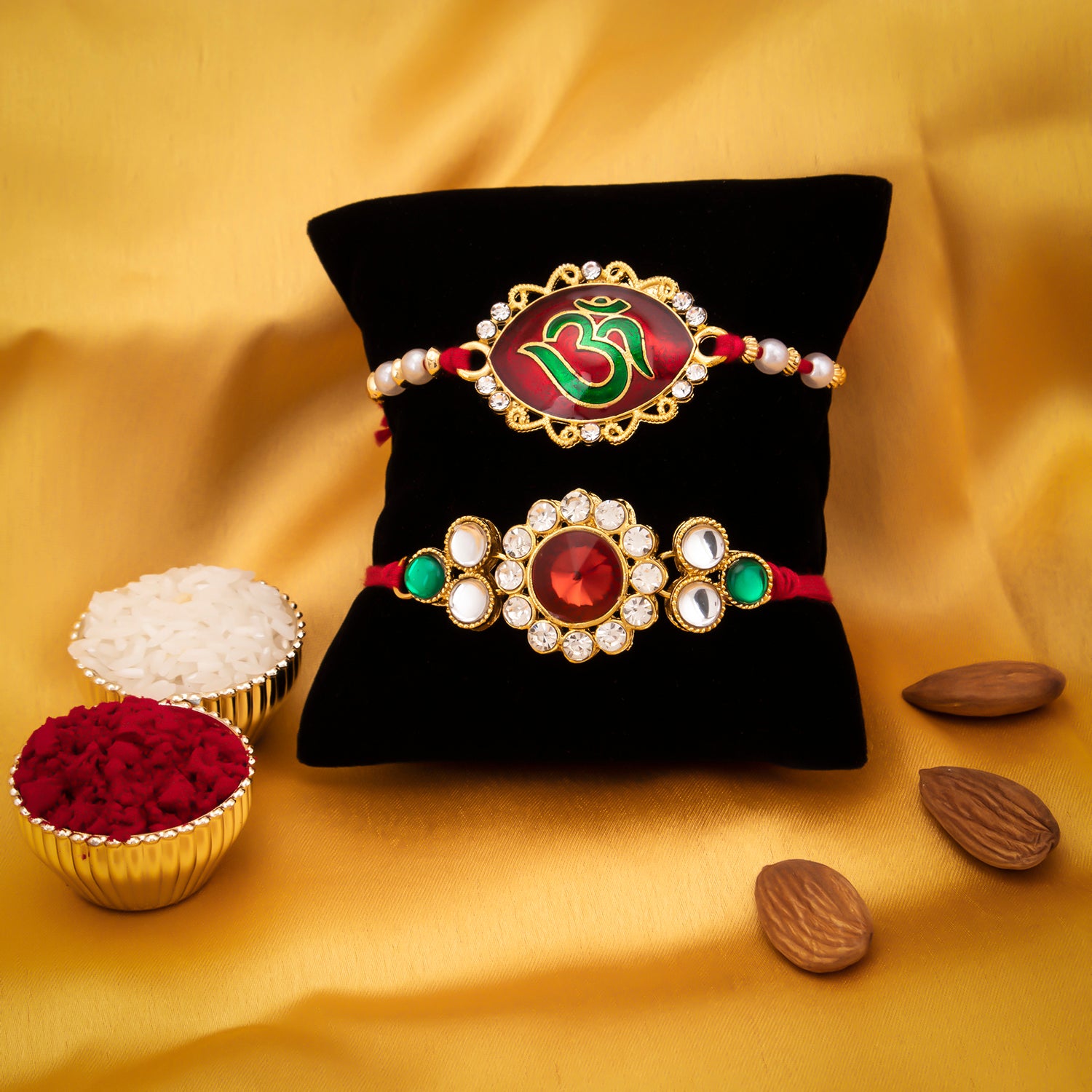 Sukkhi Stylish Rakhi Kundan Combo (Set of 2) with Roli Chawal and Raksha Bandhan Greeting Card For Men