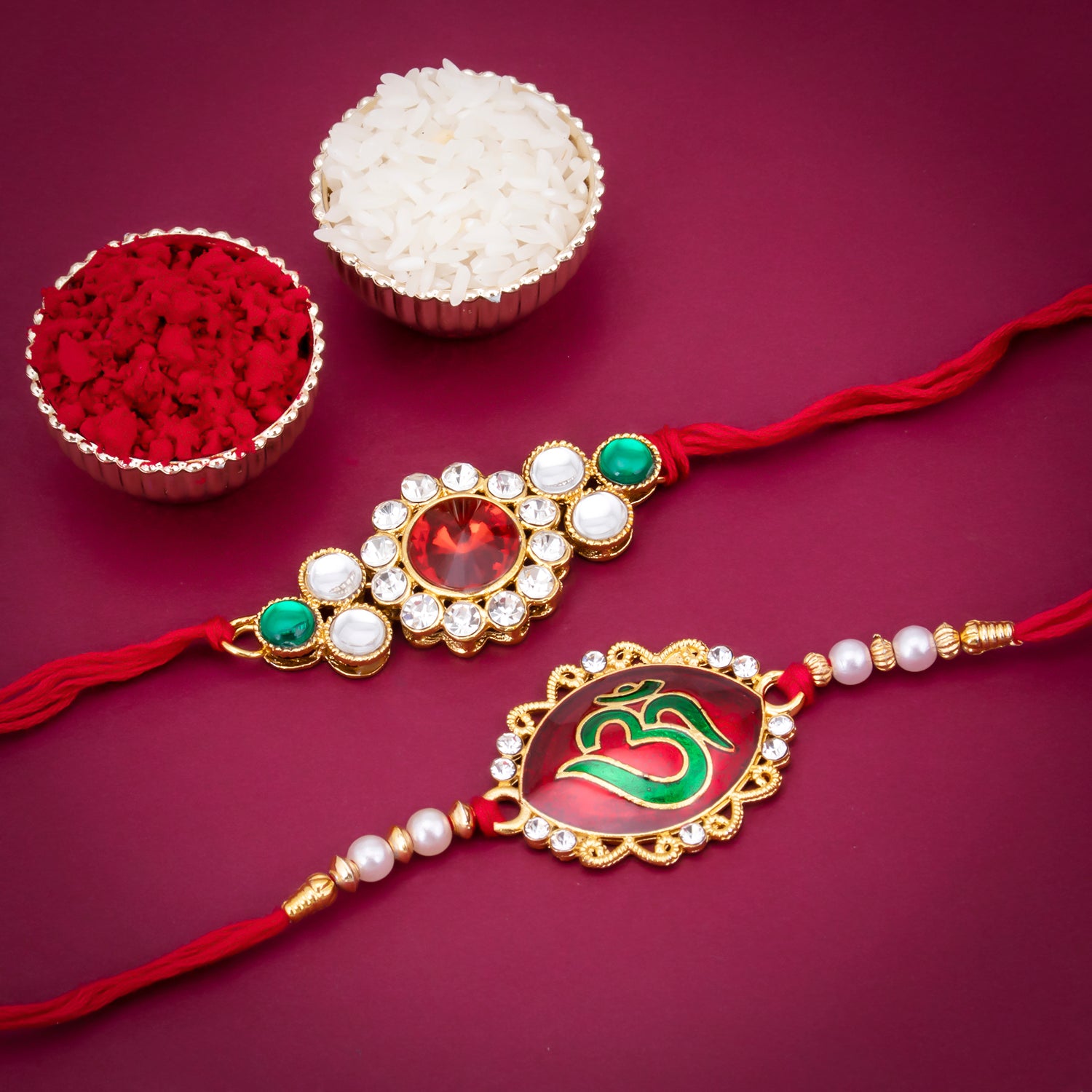 Sukkhi Stylish Rakhi Kundan Combo (Set of 2) with Roli Chawal and Raksha Bandhan Greeting Card For Men
