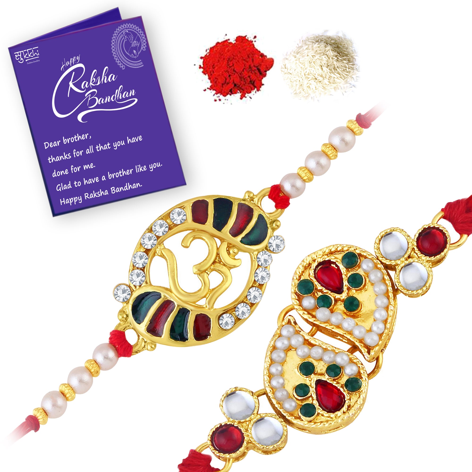 Sukkhi Astonish Rakhi Kundan Combo (Set of 2) with Roli Chawal and Raksha Bandhan Greeting Card For Men