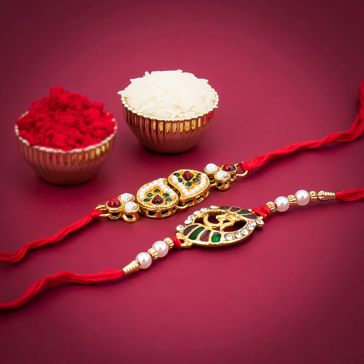 Sukkhi Astonish Rakhi Kundan Combo (Set of 2) with Roli Chawal and Raksha Bandhan Greeting Card For Men