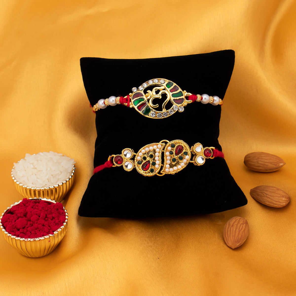 Sukkhi Astonish Rakhi Kundan Combo (Set of 2) with Roli Chawal and Raksha Bandhan Greeting Card For Men