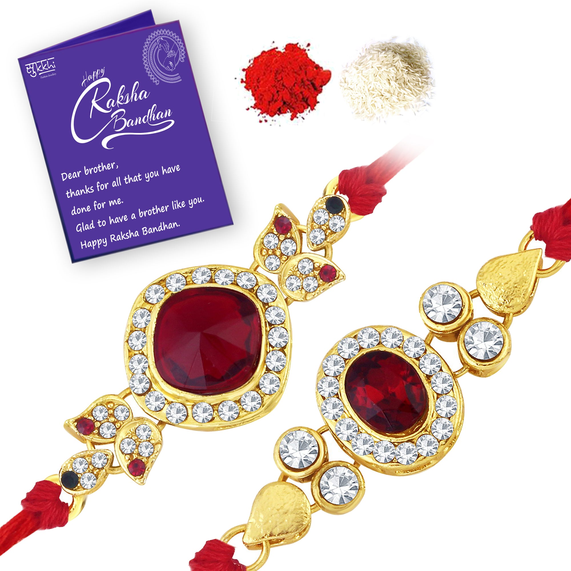 Sukkhi Modern Rakhi Combo (Set of 2) with Roli Chawal and Raksha Bandhan Greeting Card For Men