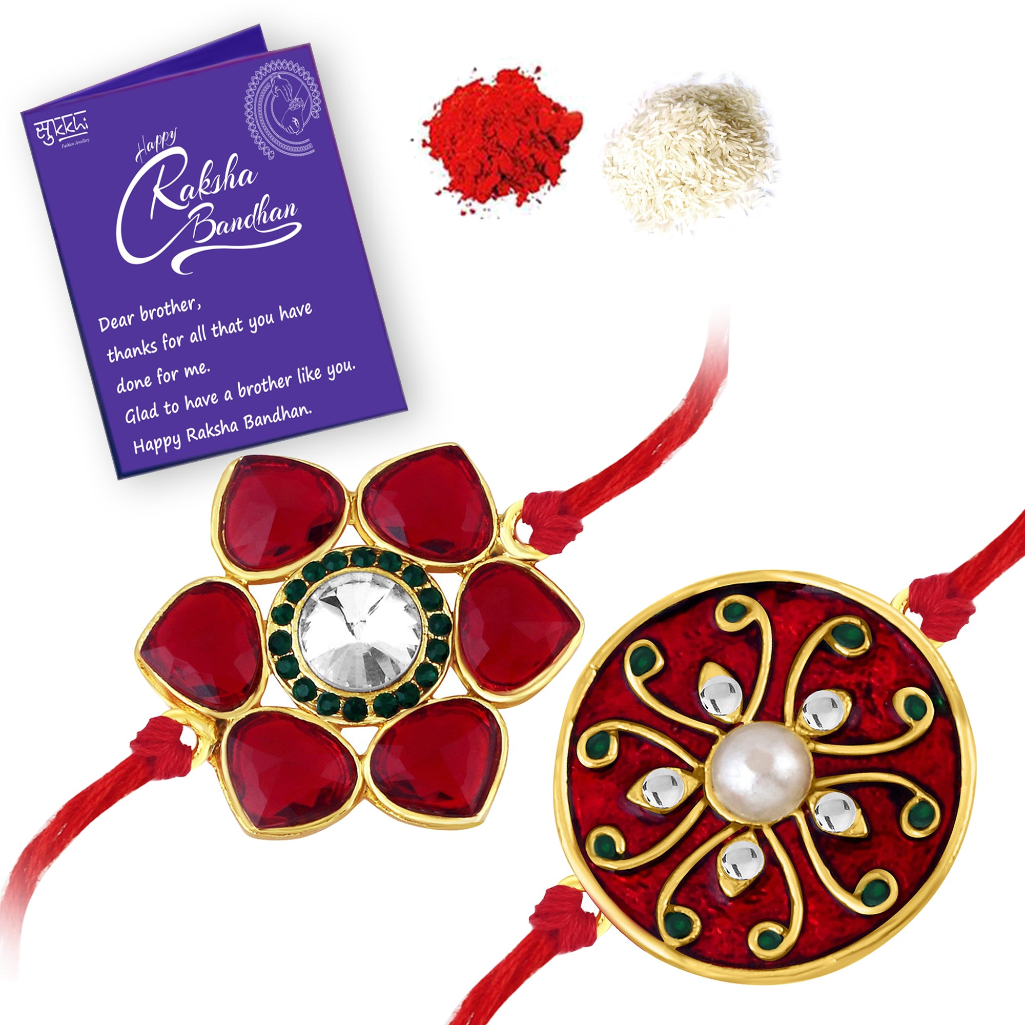 Sukkhi Designer Rakhi Combo Set Of 2 With Roli Chawal - Traditional Raksha Bandhan Gift For Brother