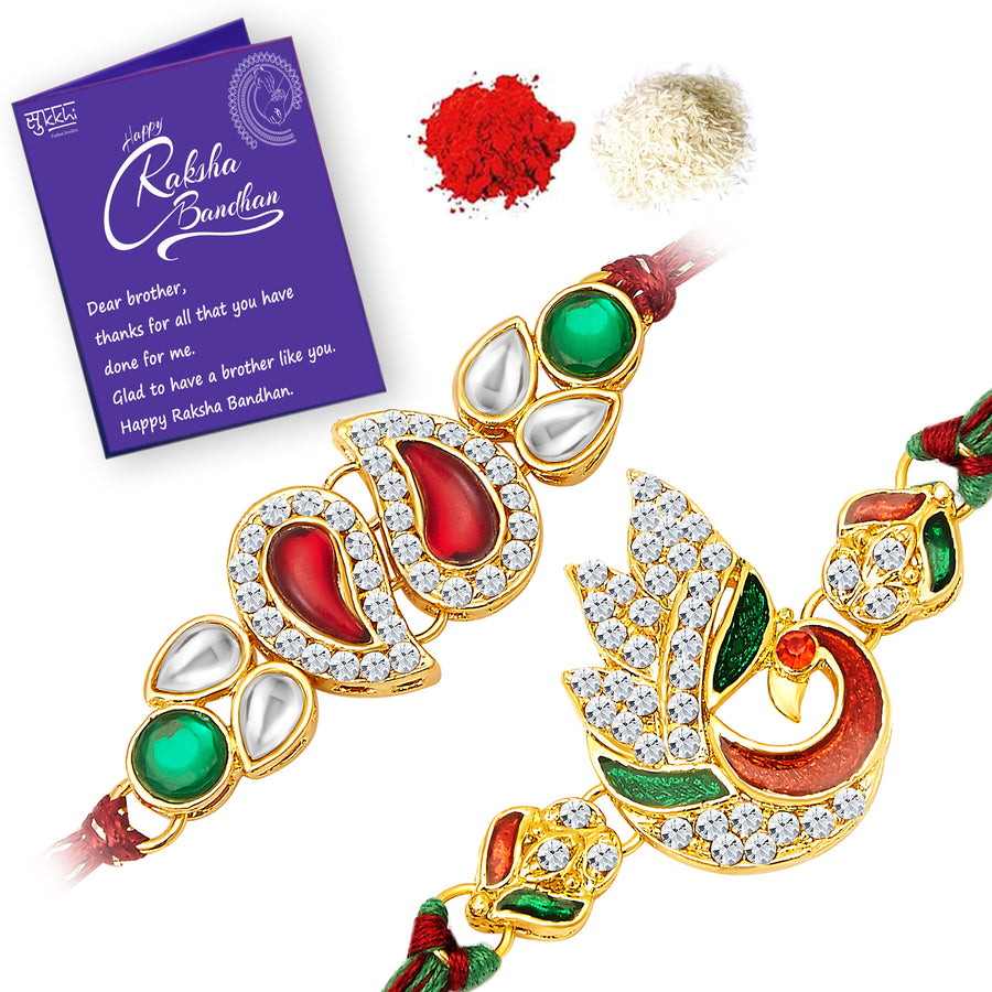 Sukkhi Traditional Rakhi Pear and Peacock Combo (Set of 2) with Roli Chawal and Raksha Bandhan Greeting Card For Men