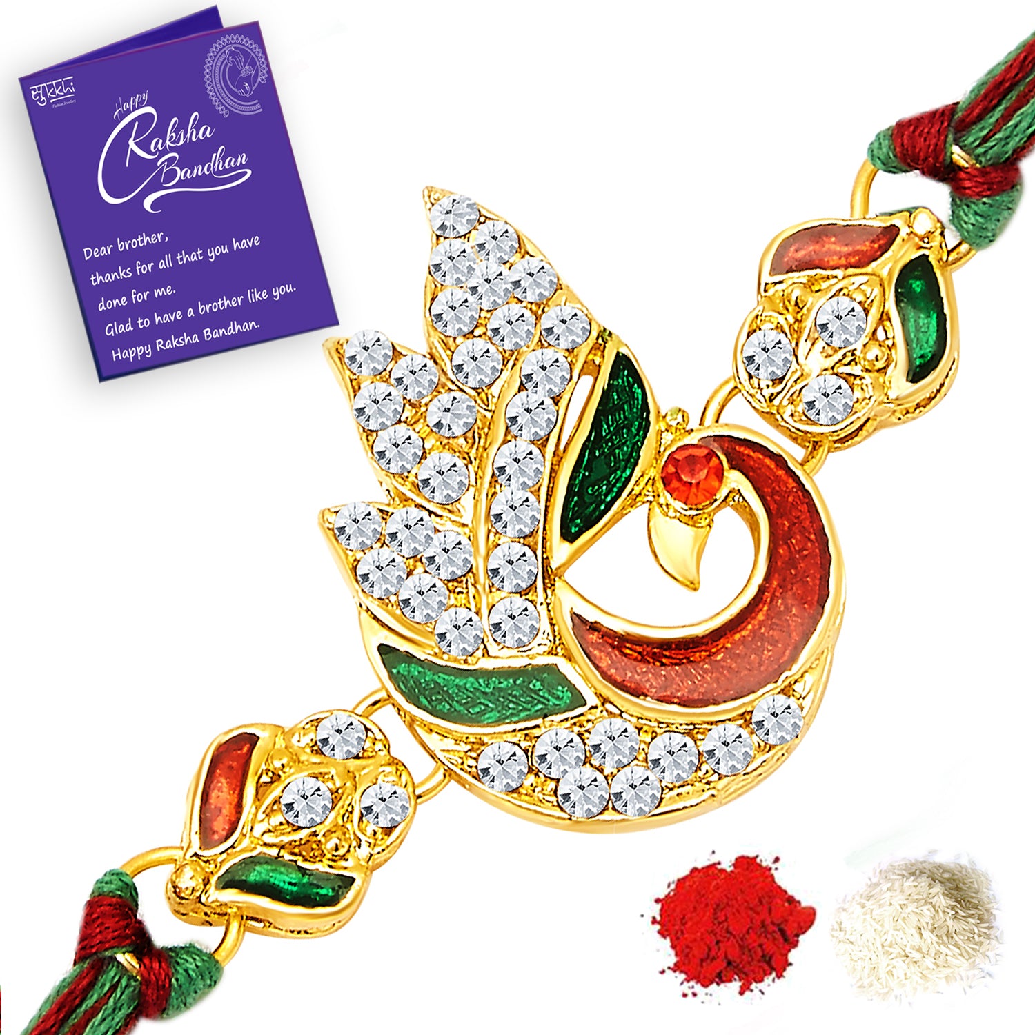 Sukkhi Traditional Rakhi Pear and Peacock Combo (Set of 2) with Roli Chawal and Raksha Bandhan Greeting Card For Men