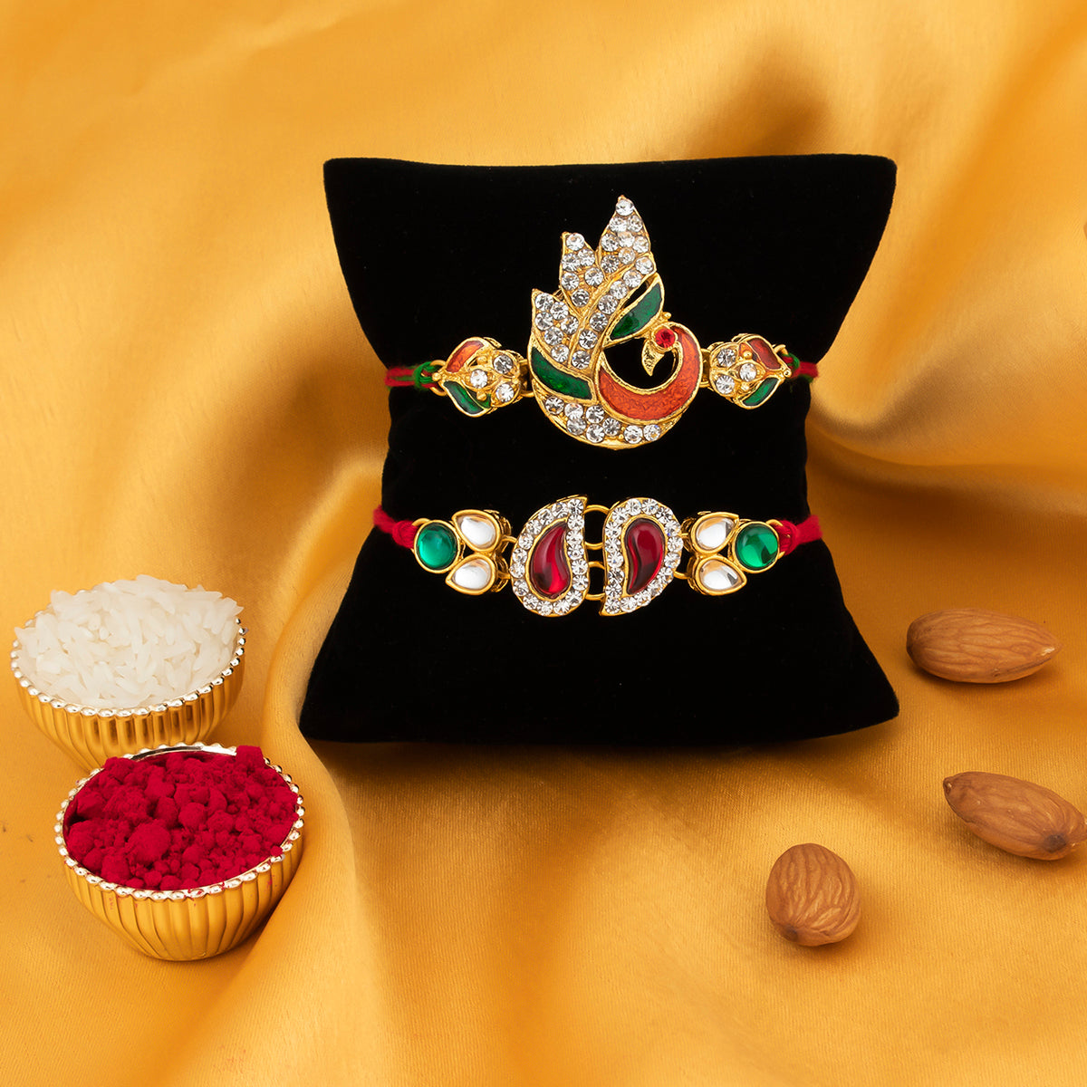 Sukkhi Traditional Rakhi Pear and Peacock Combo (Set of 2) with Roli Chawal and Raksha Bandhan Greeting Card For Men
