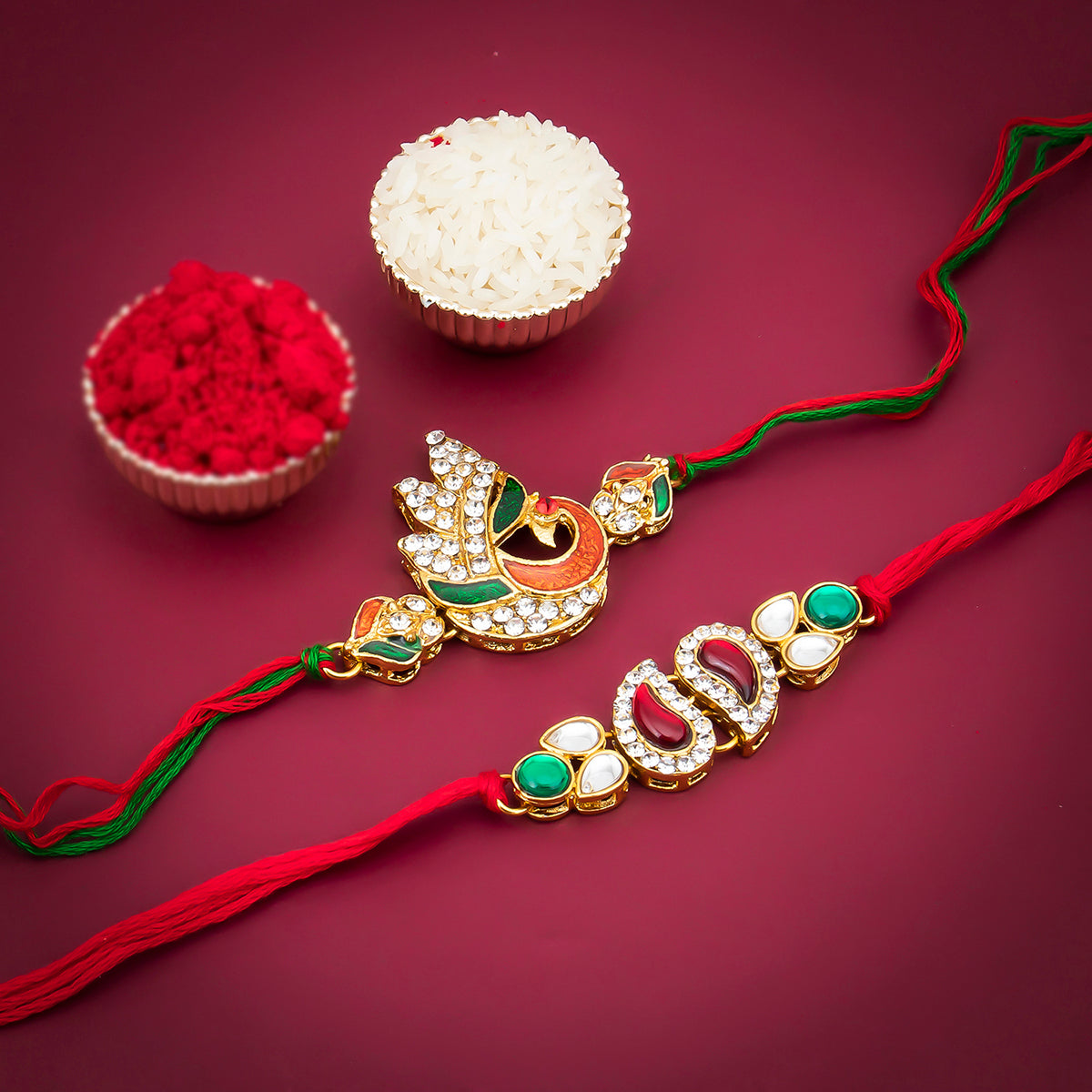Sukkhi Traditional Rakhi Pear and Peacock Combo (Set of 2) with Roli Chawal and Raksha Bandhan Greeting Card For Men