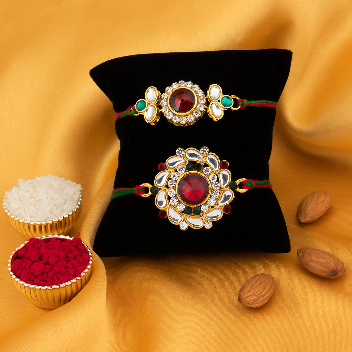 Sukkhi Stylish Rakhi Floral Combo (Set of 2) with Roli Chawal and Raksha Bandhan Greeting Card For Men