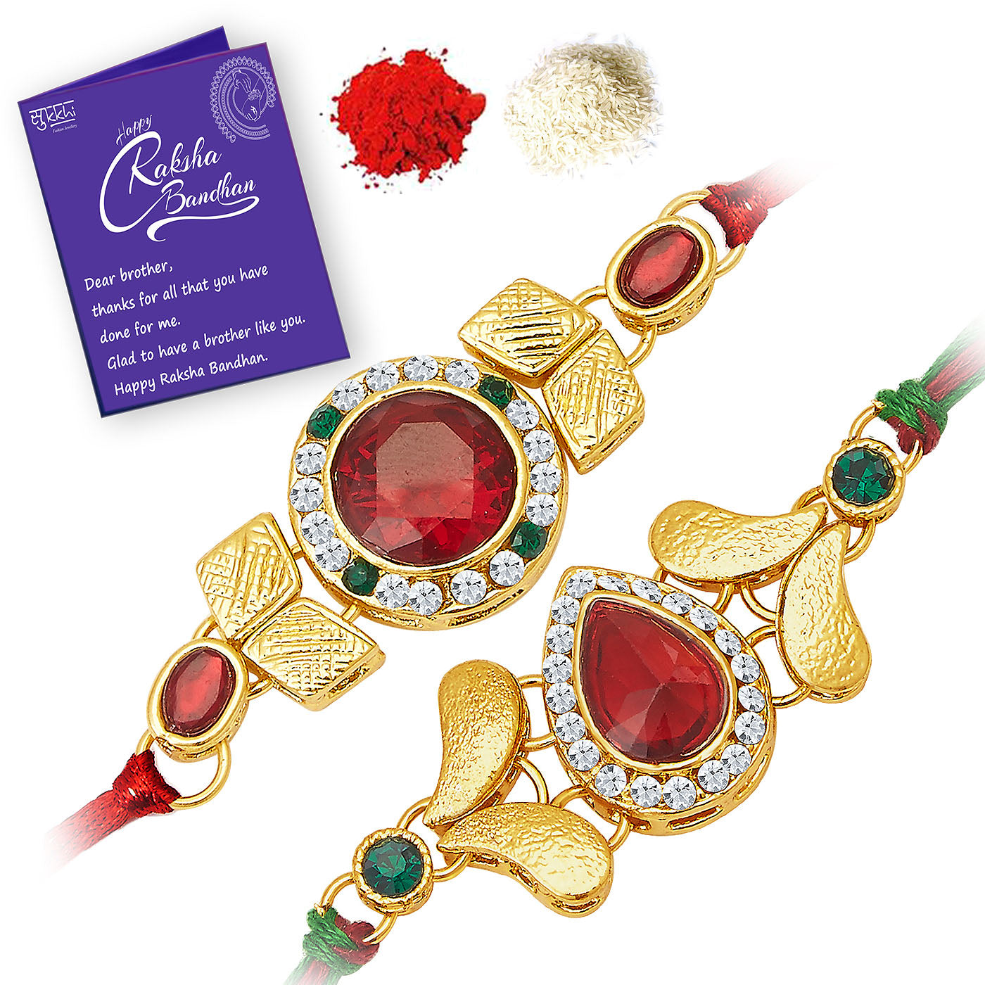 Sukkhi Cluster Rakhi Combo (Set of 2) with Roli Chawal and Raksha Bandhan Greeting Card For Men