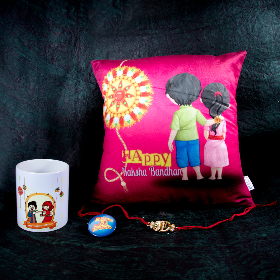 Sukkhi Raksha Bandhan Gifts Gold Plated Rakhi with Roli Chawal & Raksha Bandhan Greeting Card, Printed Cushion Cover Without Filler, Coffee Mug & My Brother is a Superhero Badge Combo for Brother