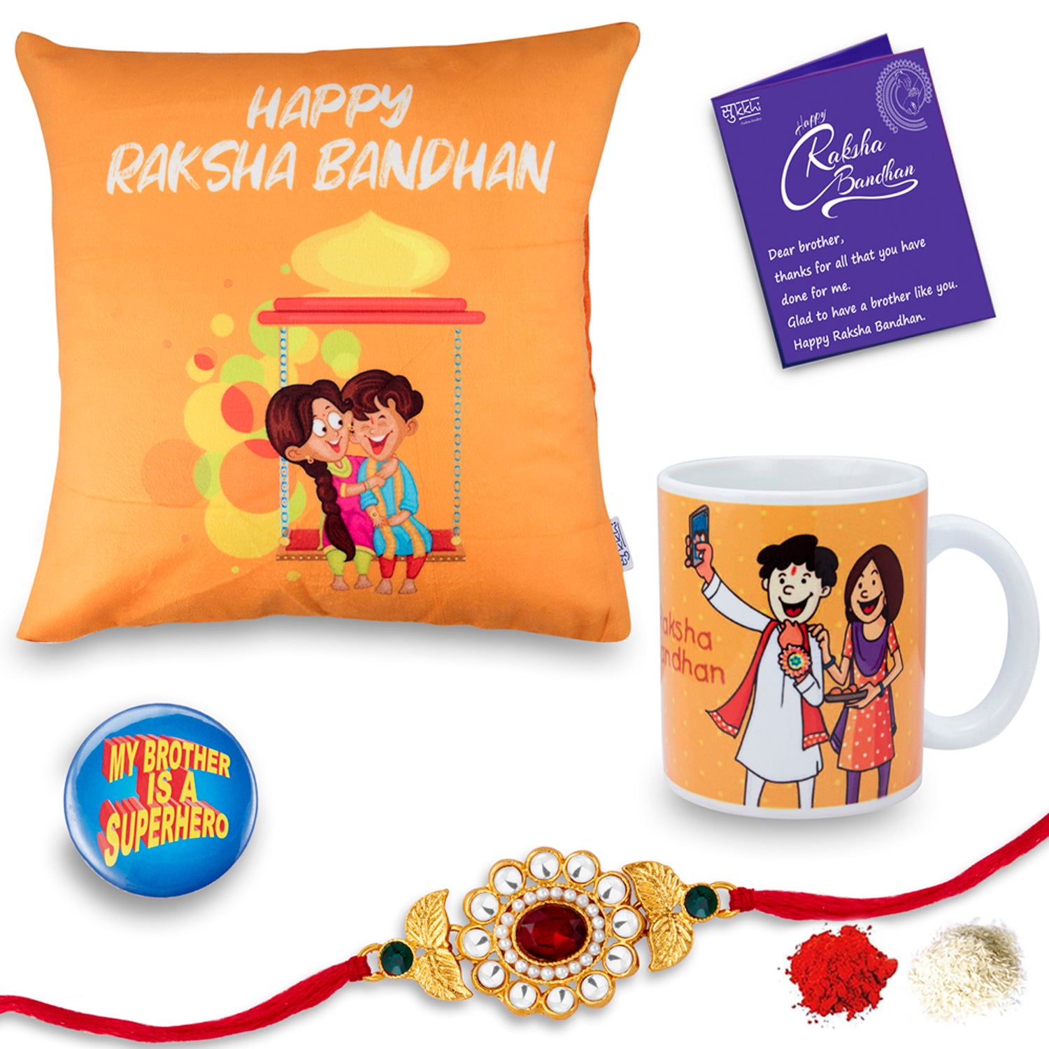 Sukkhi Raksha Bandhan Gifts Gold Plated Rakhi with Roli Chawal & Raksha Bandhan Greeting Card, Printed Cushion Cover Without Filler, Coffee Mug & My Brother is a Superhero Badge Combo for Brother