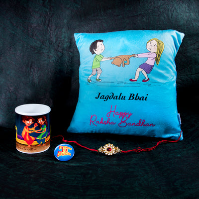 Sukkhi Raksha Bandhan Gifts Gold Plated Rakhi with Roli Chawal & Raksha Bandhan Greeting Card, Printed Cushion Cover Without Filler, Coffee Mug & My Brother is a Superhero Badge Combo for Brother
