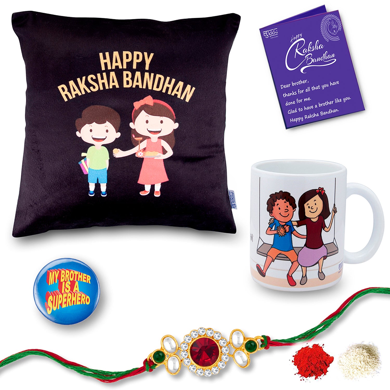 Sukkhi Raksha Bandhan Gifts Gold Plated Rakhi with Roli Chawal & Raksha Bandhan Greeting Card, Printed Cushion Cover Without Filler, Coffee Mug & My Brother is a Superhero Badge Combo for Brother