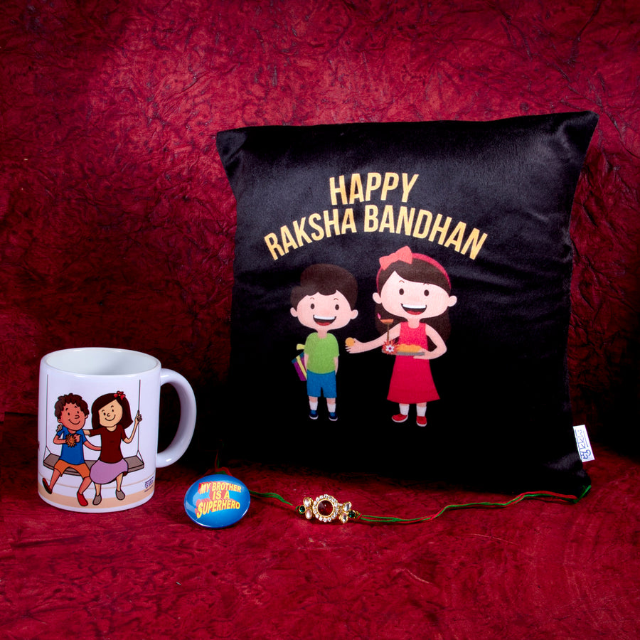 Sukkhi Raksha Bandhan Gifts Gold Plated Rakhi with Roli Chawal & Raksha Bandhan Greeting Card, Printed Cushion Cover Without Filler, Coffee Mug & My Brother is a Superhero Badge Combo for Brother