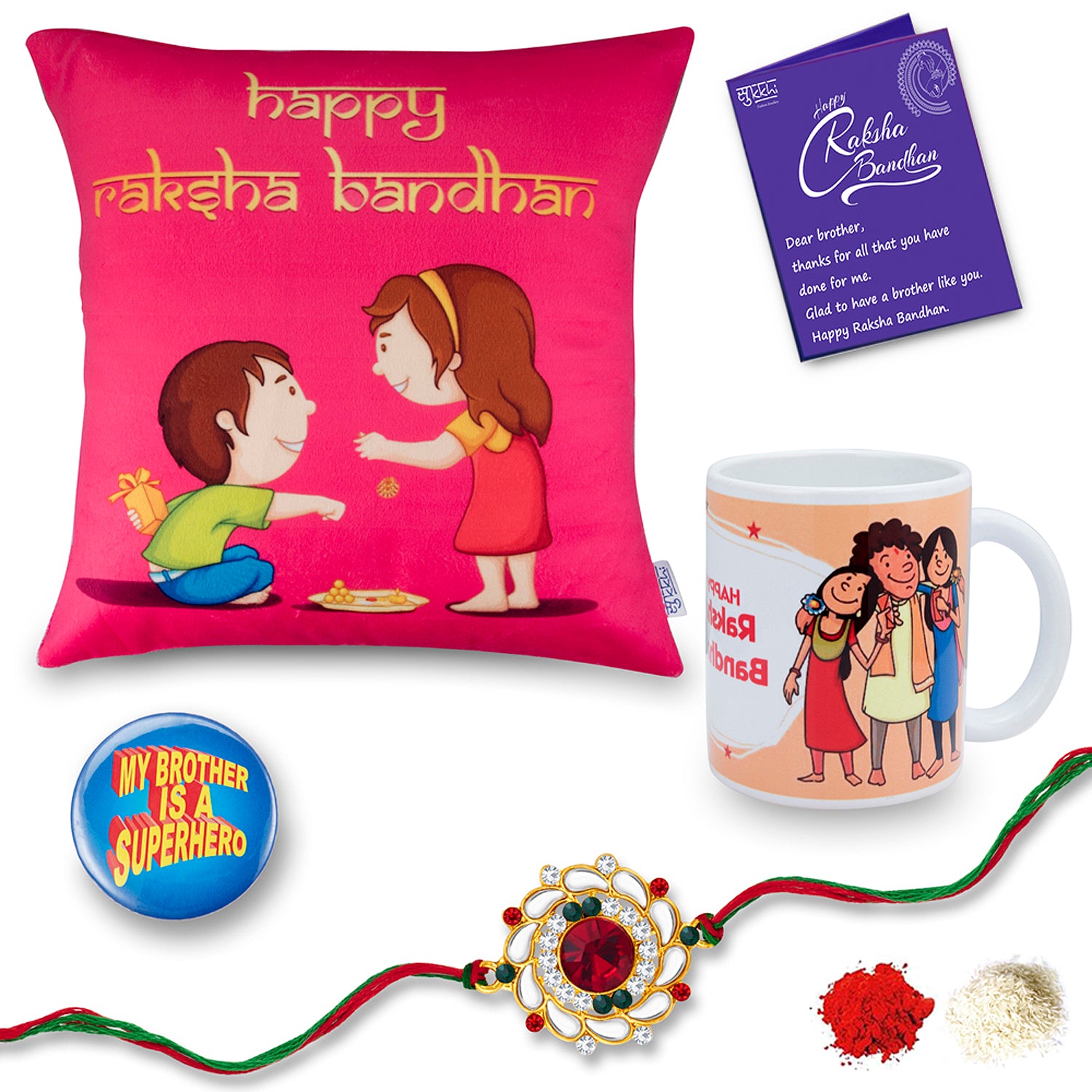 Sukkhi Raksha Bandhan Gifts Gold Plated Rakhi with Roli Chawal & Raksha Bandhan Greeting Card, Printed Cushion Cover Without Filler, Coffee Mug & My Brother is a Superhero Badge Combo for Brother