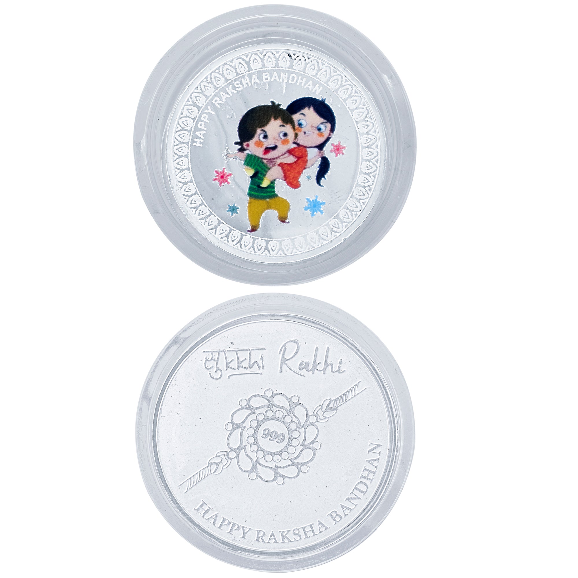 Sukkhi Classic Gold Plated Evil Eye Meenakari Rakhis Set of 2 & 2 Gram 999 Pure Silver Coin Combo with Roli Chawal and Rakhi Greeting Card