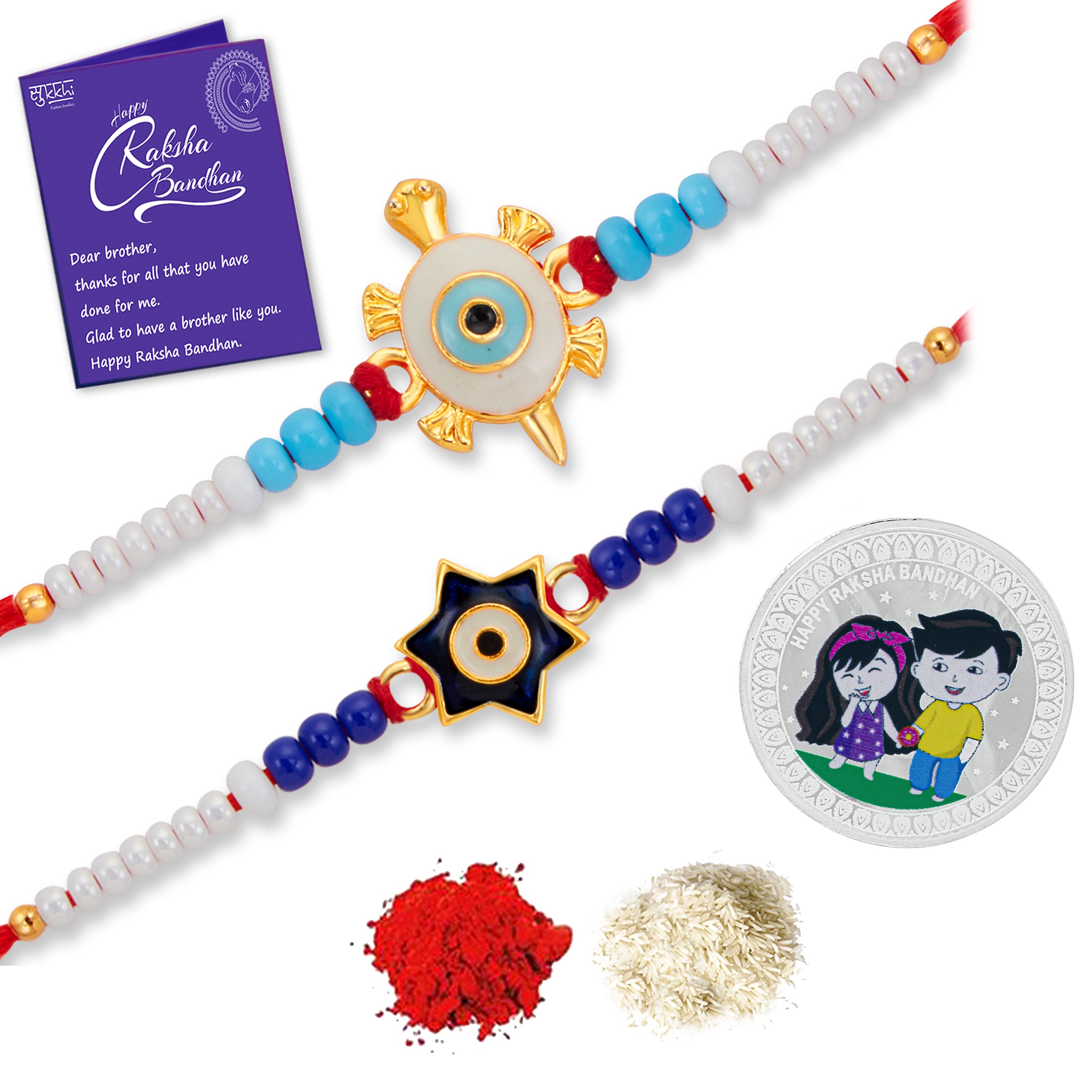 Sukkhi Exclusive Gold Plated Evil Eye Meenakari Rakhis Set of 2 & 2 Gram 999 Pure Silver Coin Combo with Roli Chawal and Rakhi Greeting Card