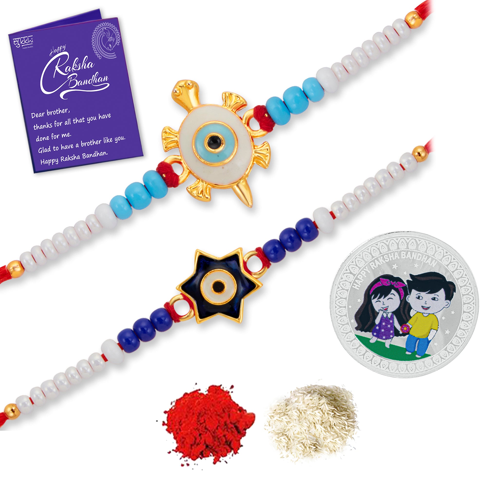 Sukkhi Exclusive Gold Plated Evil Eye Meenakari Rakhis Set of 2 & 2 Gram 999 Pure Silver Coin Combo with Roli Chawal and Rakhi Greeting Card