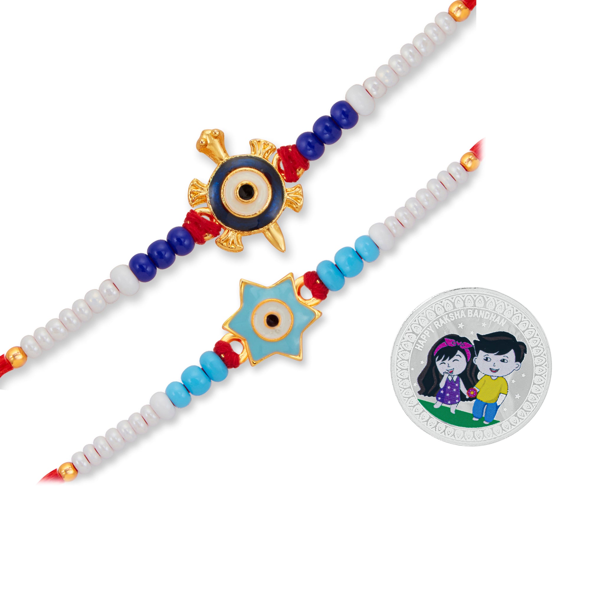 Sukkhi Trendy Gold Plated Evil Eye Meenakari Rakhis Set of 2 & 1 Gram 999 Pure Silver Coin Combo with Roli Chawal and Rakhi Greeting Card