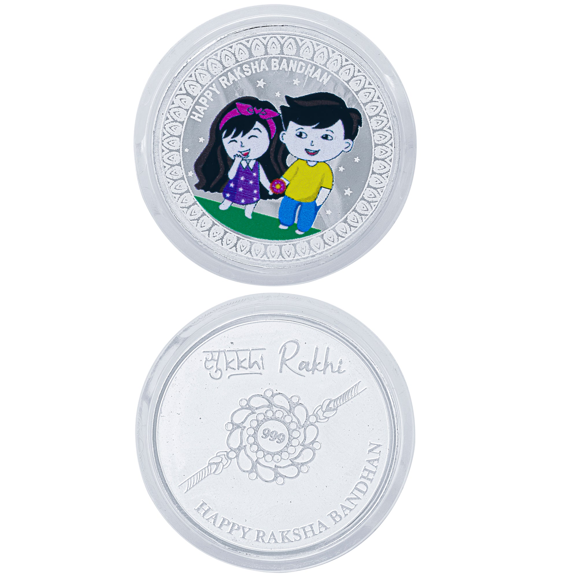 Sukkhi Trendy Gold Plated Evil Eye Meenakari Rakhis Set of 2 & 1 Gram 999 Pure Silver Coin Combo with Roli Chawal and Rakhi Greeting Card