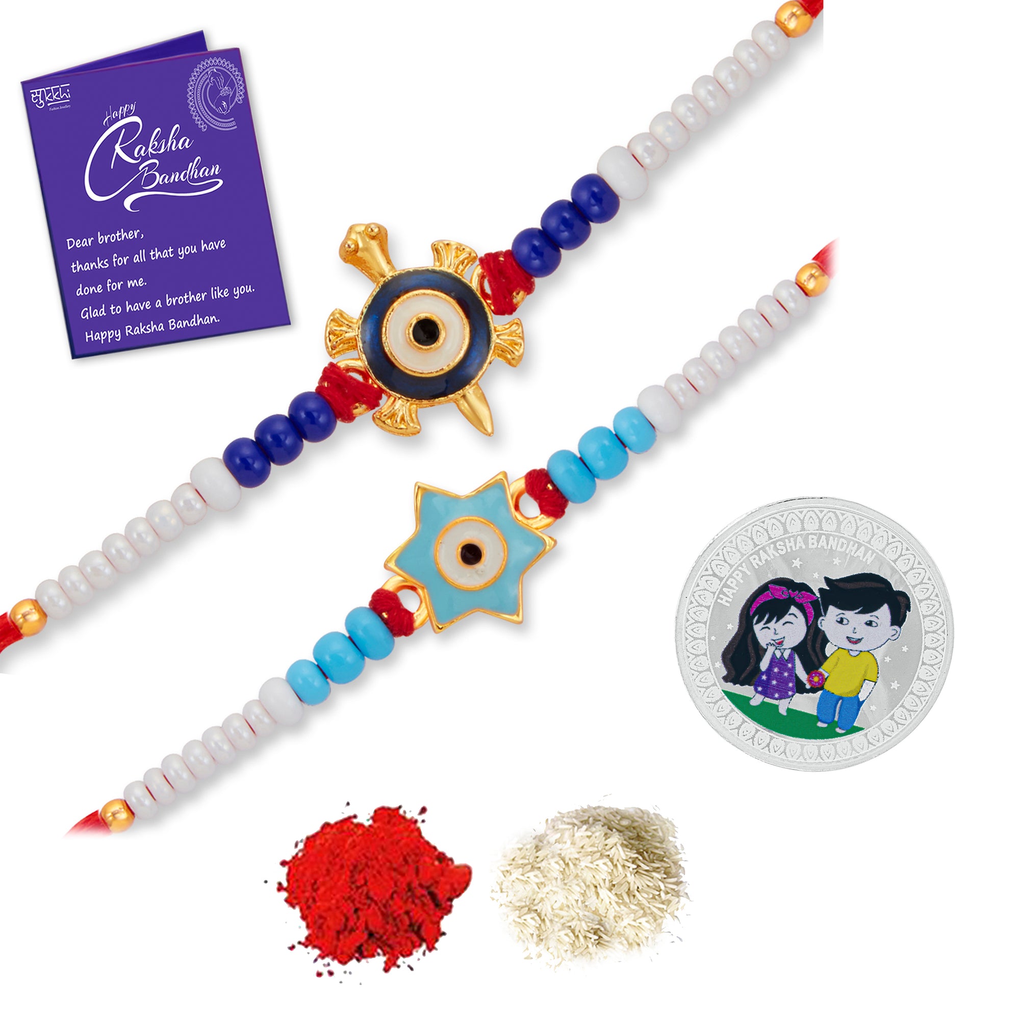 Sukkhi Trendy Gold Plated Evil Eye Meenakari Rakhis Set of 2 & 1 Gram 999 Pure Silver Coin Combo with Roli Chawal and Rakhi Greeting Card