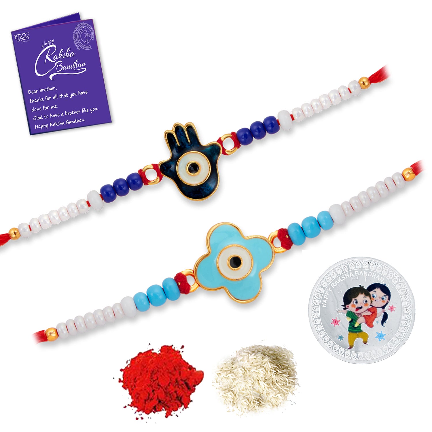 Sukkhi Classy Gold Plated Evil Eye Meenakari Rakhis Set of 2 & 1 Gram 999 Pure Silver Coin Combo with Roli Chawal and Rakhi Greeting Card