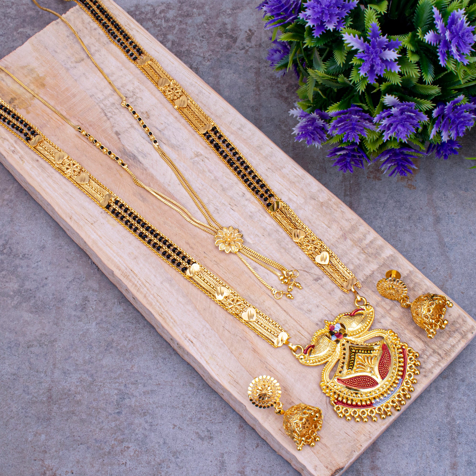 Gold Plated AD Stone Pendant Mangalsutra Necklace with Earring Set - K –  Kaya Online