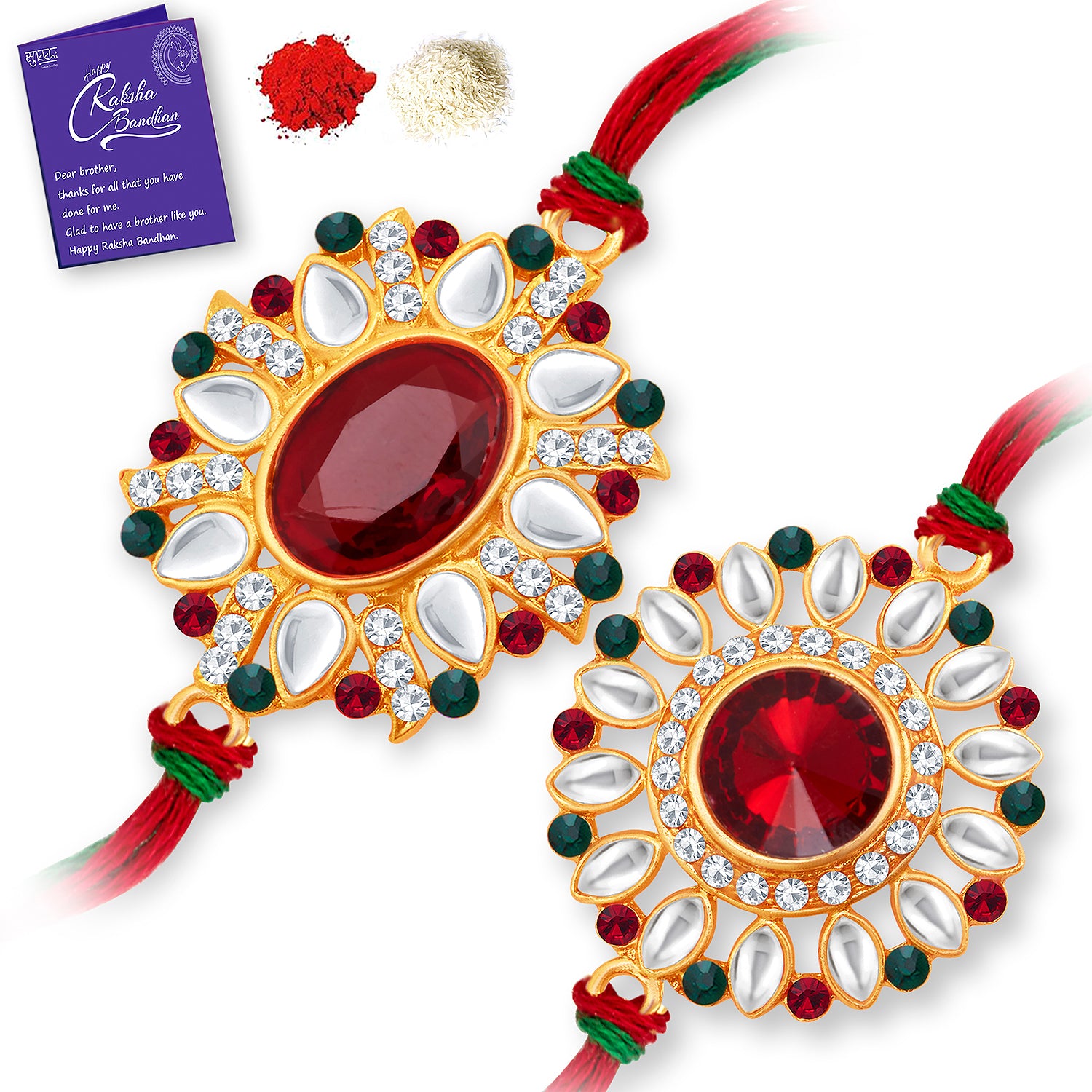 Sukkhi Dazzling Gold Plated Rakhi Combo (Set of 2) with Roli Chawal and Raksha Bandhan Greeting Card For Men