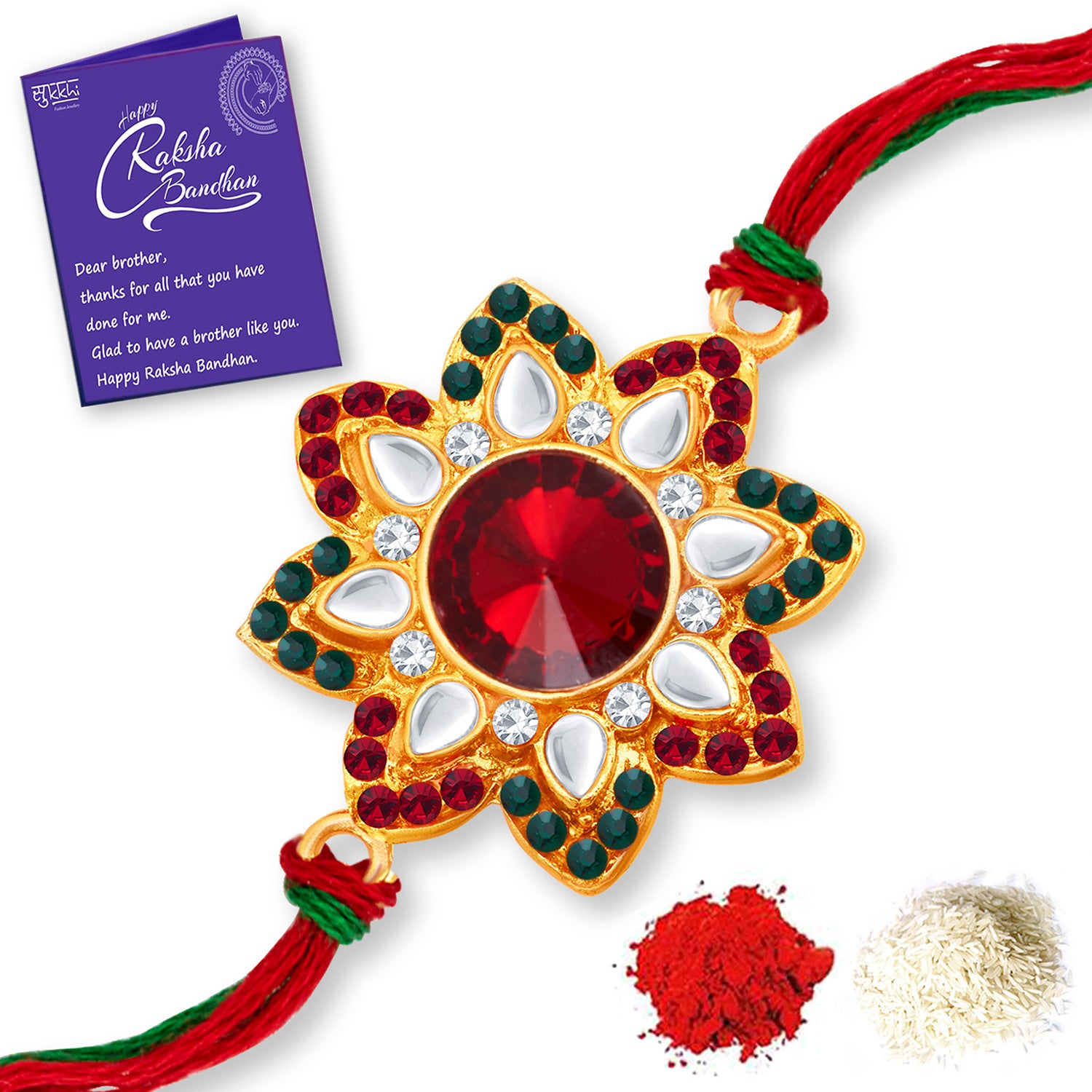 Sukkhi Incrediable Gold Plated Floral Rakhi Combo (Set of 2) with Roli Chawal and Raksha Bandhan Greeting Card For Men