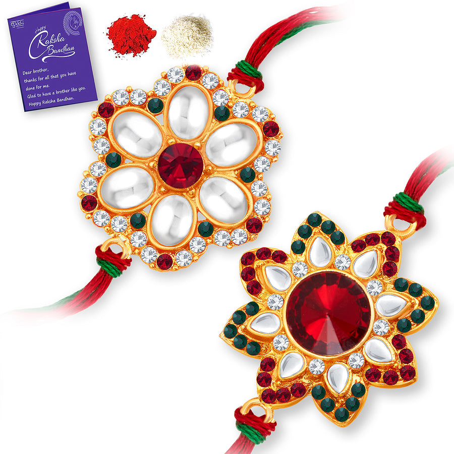 Sukkhi Incrediable Gold Plated Floral Rakhi Combo (Set of 2) with Roli Chawal and Raksha Bandhan Greeting Card For Men