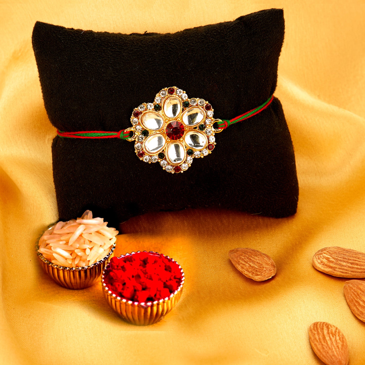 Sukkhi Incrediable Gold Plated Floral Rakhi Combo (Set of 2) with Roli Chawal and Raksha Bandhan Greeting Card For Men
