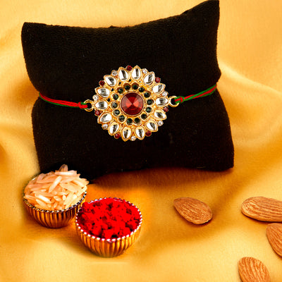 Sukkhi Attractive Gold Plated Floral Rakhi Combo (Set of 2) with Roli Chawal and Raksha Bandhan Greeting Card For Men