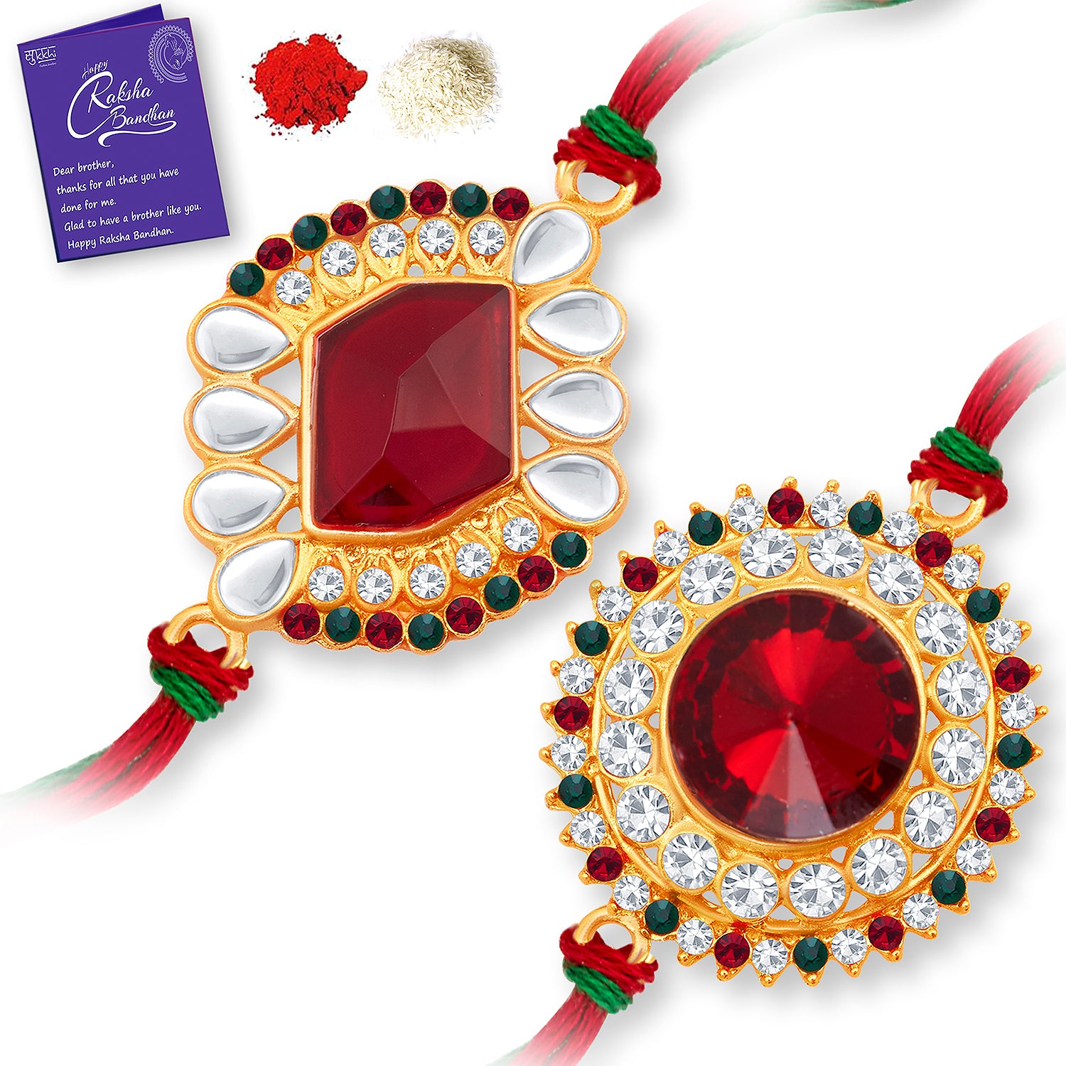 Sukkhi Splendid Gold Plated Rakhi Combo (Set of 2) with Roli Chawal and Raksha Bandhan Greeting Card For Men
