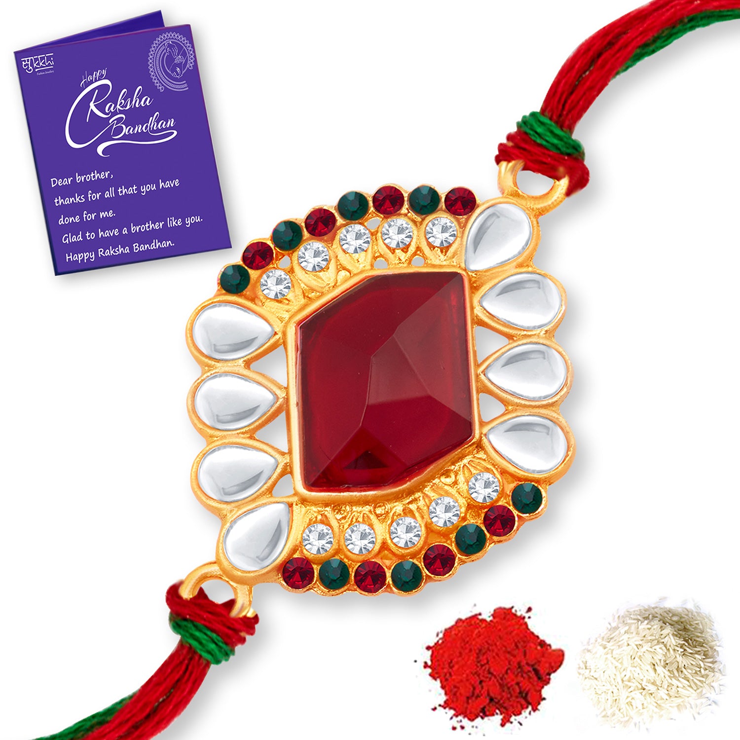 Sukkhi Splendid Gold Plated Rakhi Combo (Set of 2) with Roli Chawal and Raksha Bandhan Greeting Card For Men