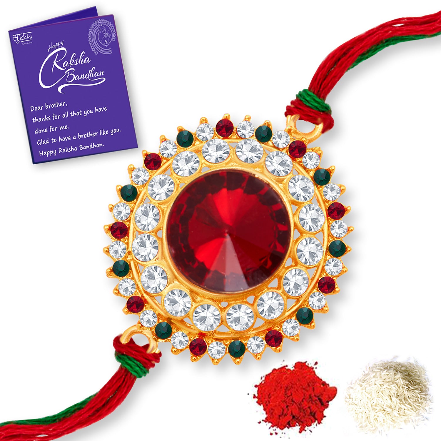 Sukkhi Splendid Gold Plated Rakhi Combo (Set of 2) with Roli Chawal and Raksha Bandhan Greeting Card For Men