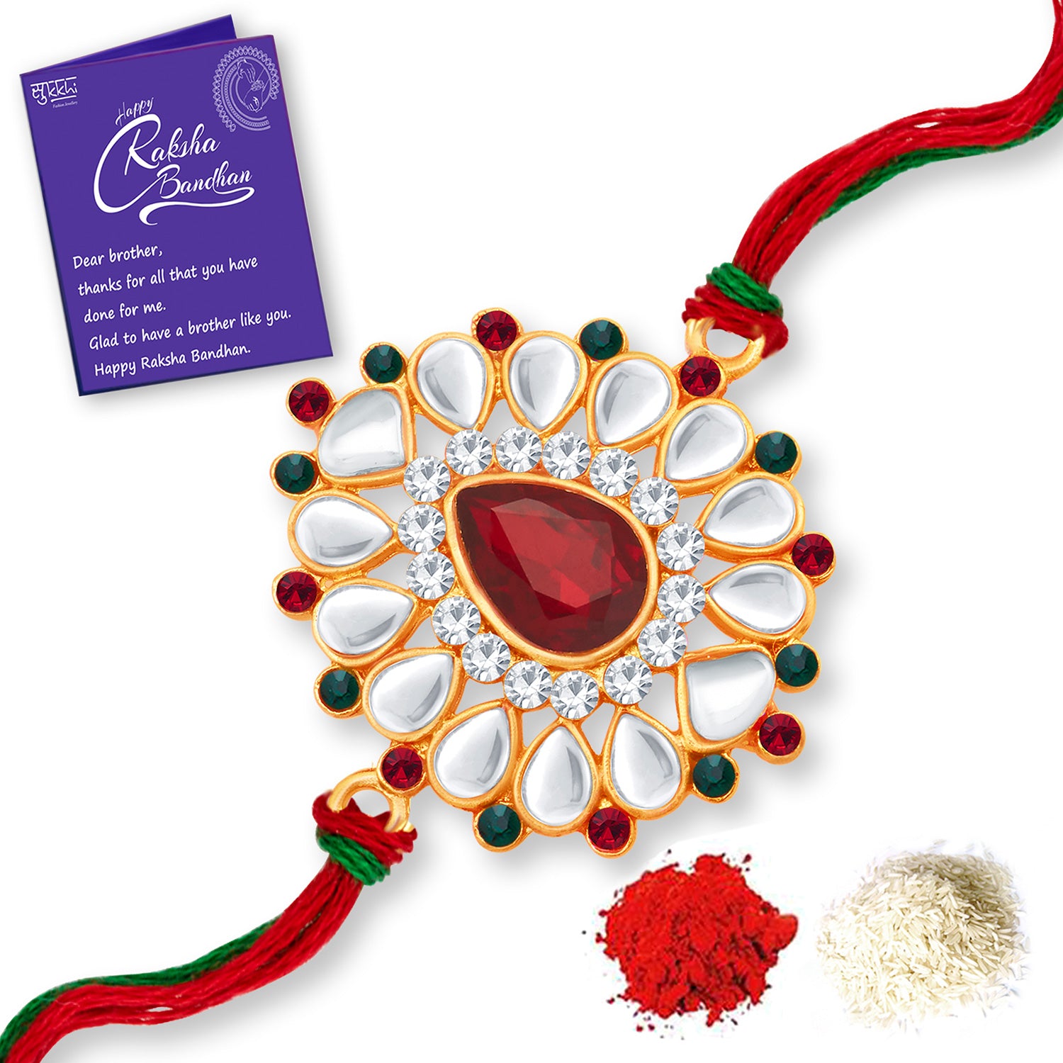 Sukkhi Lavish Gold Plated Rakhi Combo (Set of 2) with Roli Chawal and Raksha Bandhan Greeting Card For Men