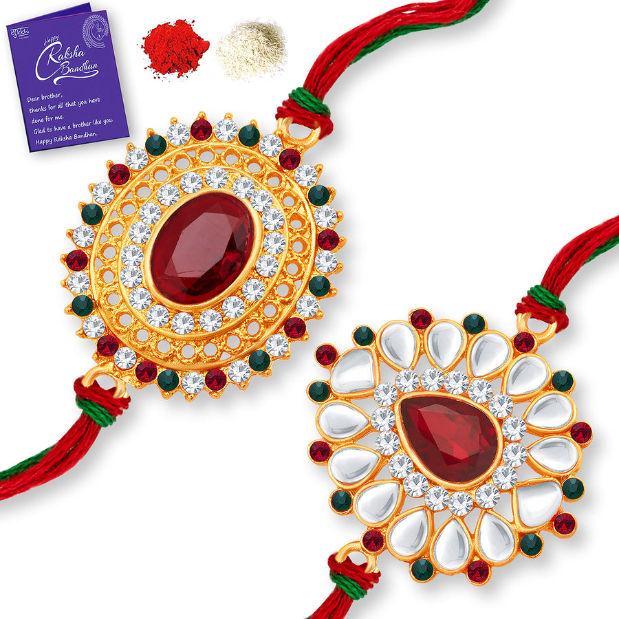 Sukkhi Lavish Gold Plated Rakhi Combo (Set of 2) with Roli Chawal and Raksha Bandhan Greeting Card For Men