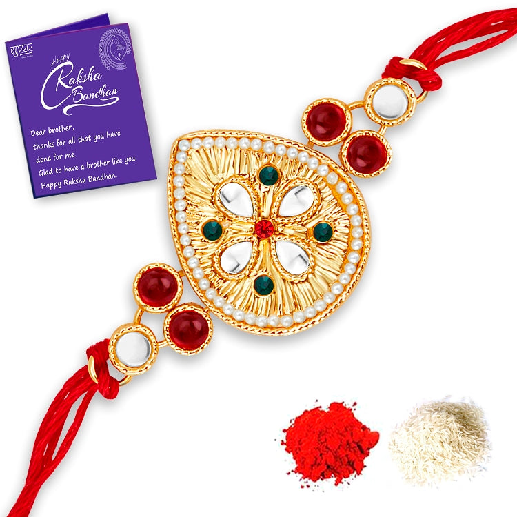 Sukkhi Traditional Gold Plated Rakhi Combo (Set of 2) with Roli Chawal and Raksha Bandhan Greeting Card For Men
