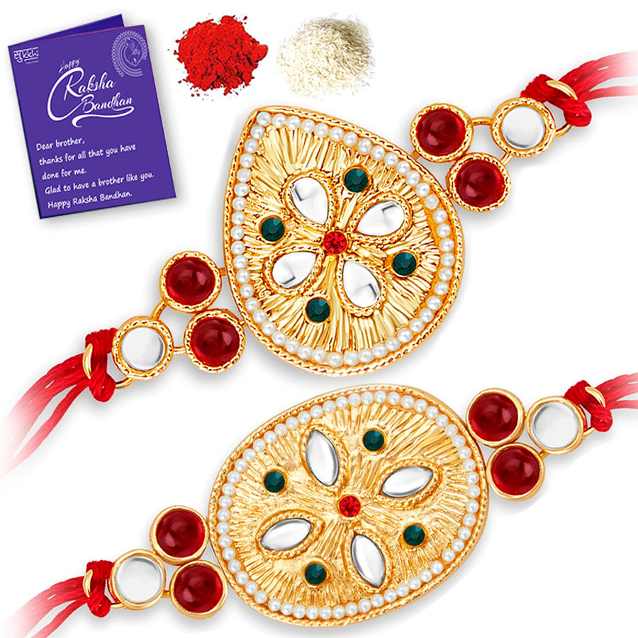 Sukkhi Traditional Gold Plated Rakhi Combo (Set of 2) with Roli Chawal and Raksha Bandhan Greeting Card For Men